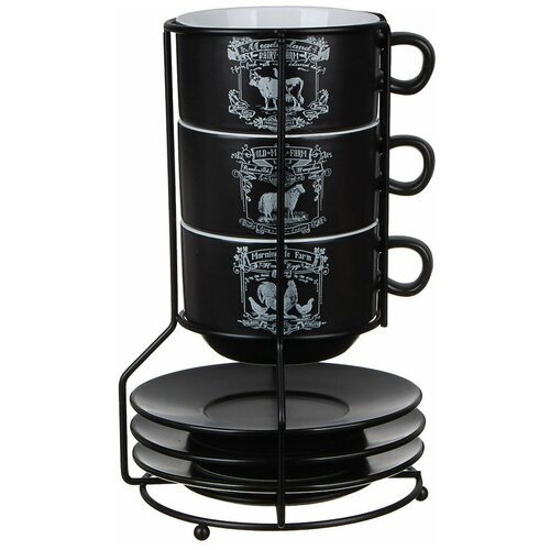 фото Чайный набор ранчо millimi 6 предметов на металлической подставке, чашка 260мл, блюдце 15см, керамика