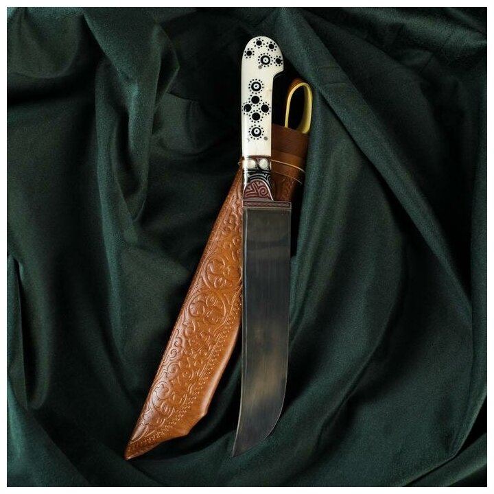 Нож Пчак Шархон - кость, ёрма сапожок"Мехенди" гарда олово, гравировка с садафом, 17 см Шафран 73585 .