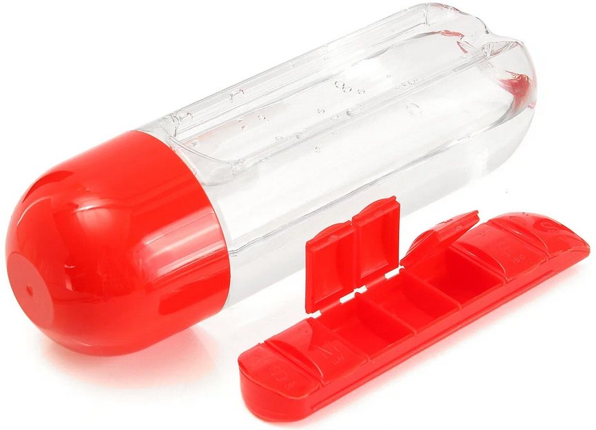 Бутылка-органайзер для таблеток на неделю, таблеточница органайзер для витаминов. 600 мл, красная - фотография № 13