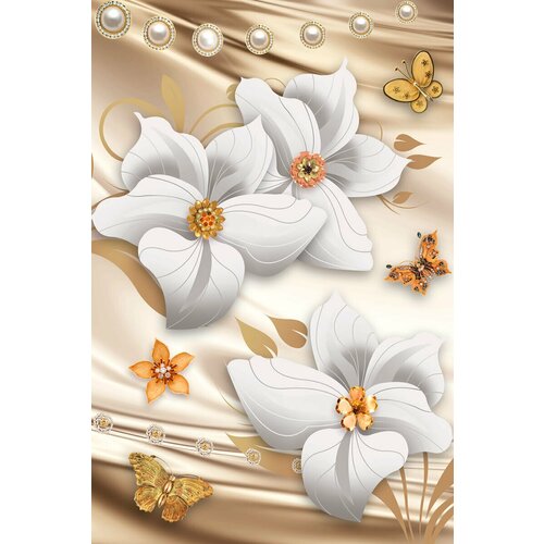 Моющиеся виниловые фотообои GrandPiK Белые цветы и золотые бабочки, 200х300 см