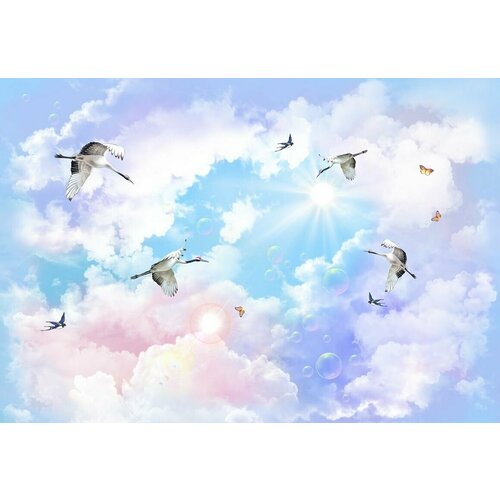 Моющиеся виниловые фотообои детские Небо облака аисты, 400х280 см