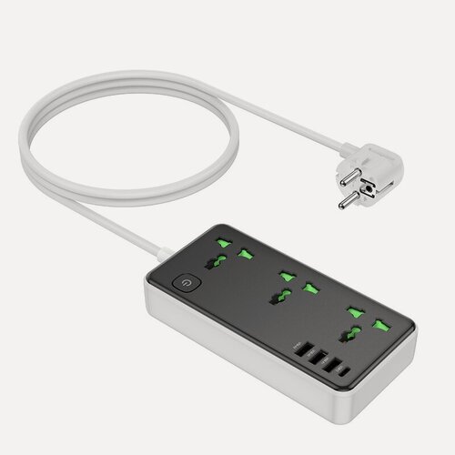 Изображение товара Сетевой фильтр Hoco AC7A, 3USB+3BIT+USB-C, 2500W с Кабелем 1.5 метра, Черный+Серый