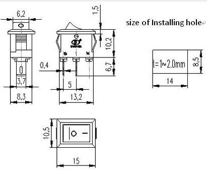 Лот 5 штук Переключатель клавишный KCD1 2pin 3A 250V/6A 125V (13,2х8,3мм) - фотография № 3