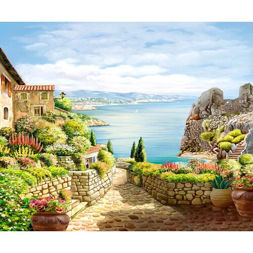 моющиеся виниловые фотообои grandpik картина средиземноморский пейзаж 450х260 см Моющиеся виниловые фотообои GrandPiK Картина Средиземноморский пейзаж, 300х250 см