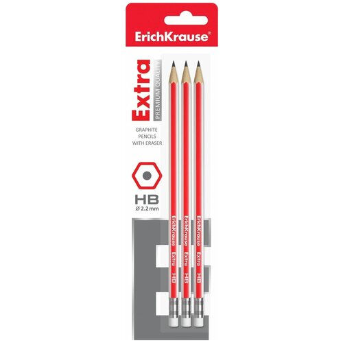 фото Erichkrause набор чернографитных шестигранных карандашей с ластиком extra 3 шт (43573)