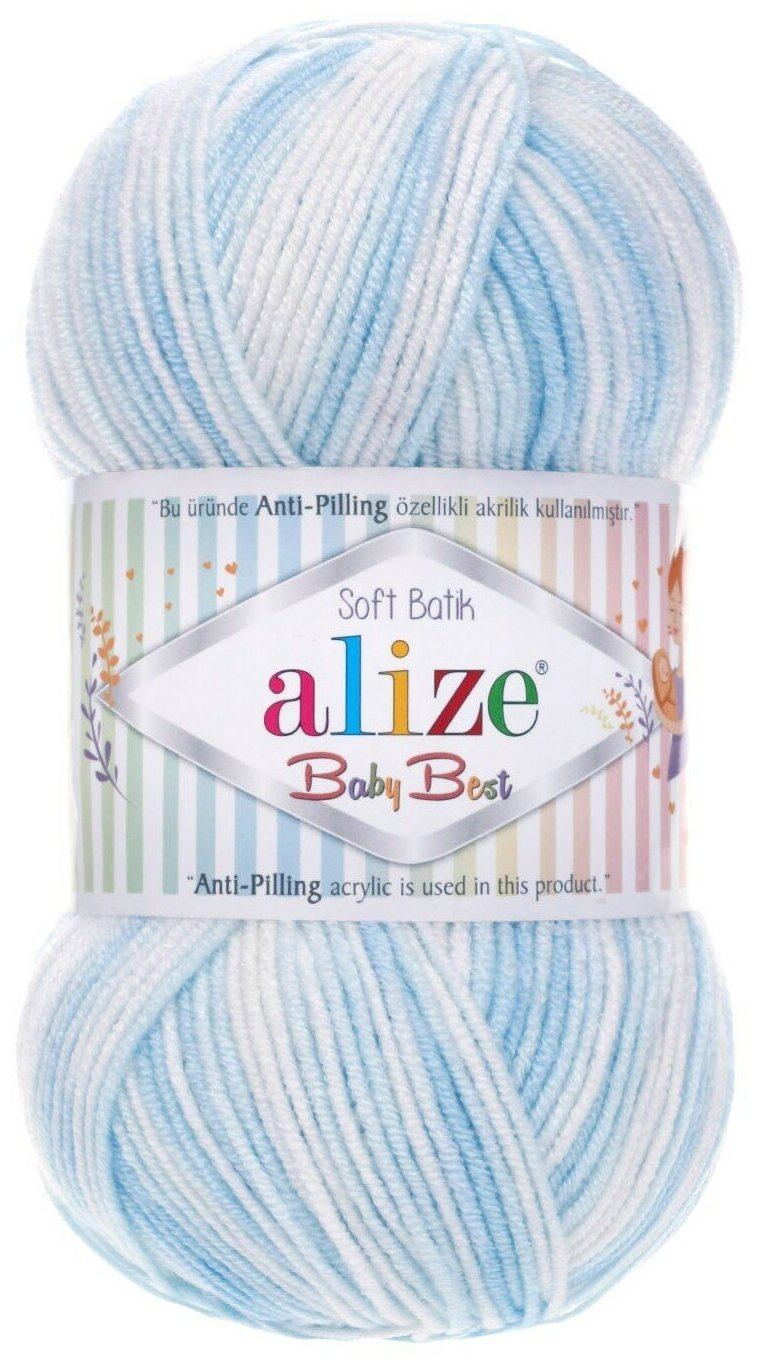 Пряжа Alize Baby best batik (Беби бест батик) 6669 белый голубой 10% бамбук, 90% акрил 100г 240 м 1шт