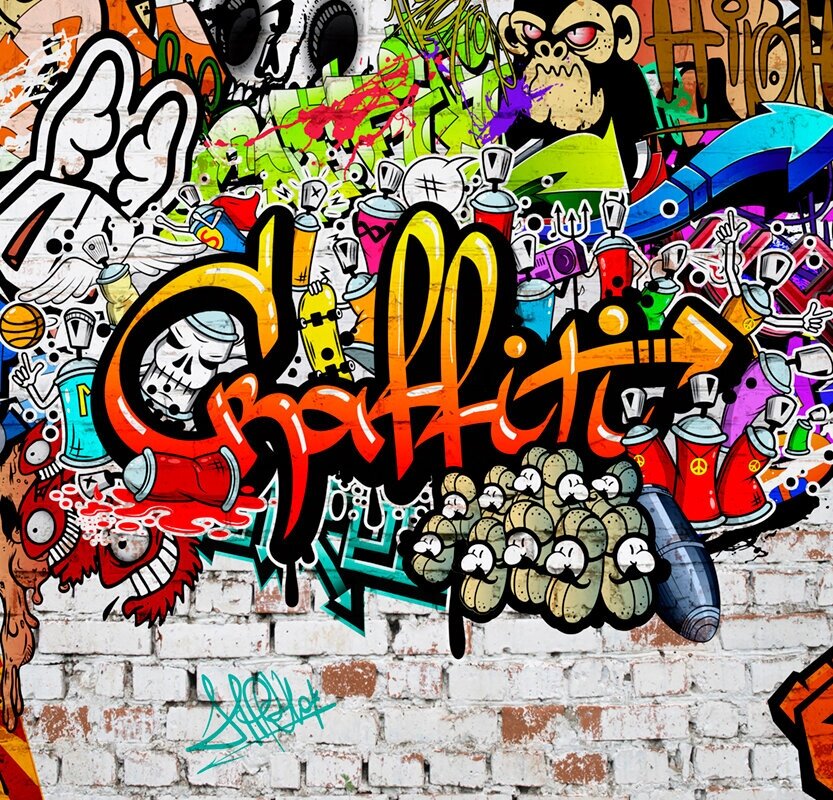 Моющиеся виниловые фотообои GrandPiK В стиле граффити. Graffiti на кирпичной стене, 250х240 см