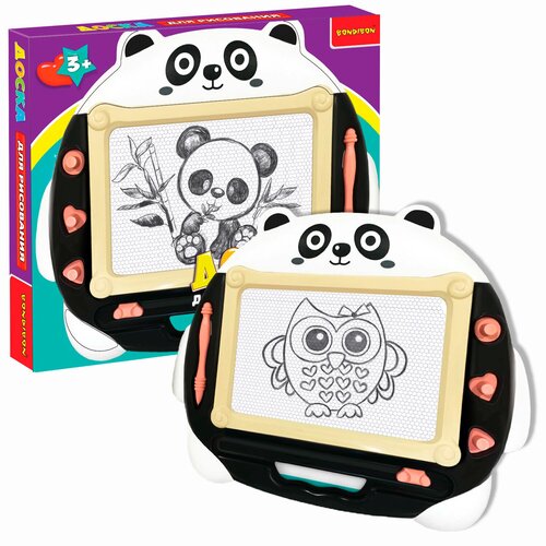 Доска для рисования детская BONDIBON панда со стилусом и 3 печатями, ВВ5277 белый/черный