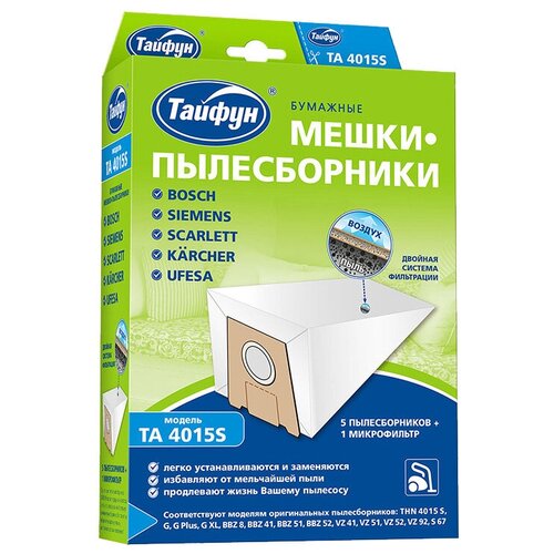 тайфун бумажные мешки пылесборники для пылесосов 4 шт 1 микрофильтр Тайфун Бумажные мешки-пылесборники TA 4015S, белый, 5 шт.