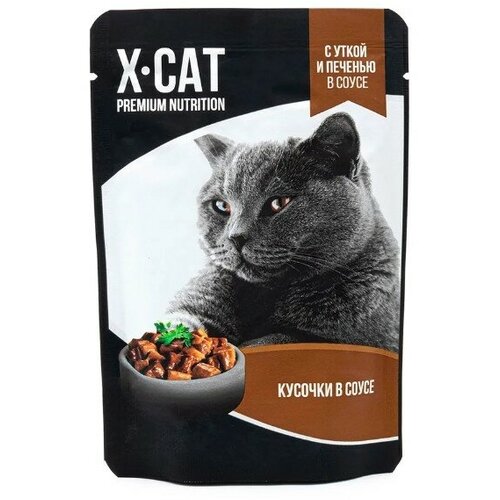 Влажный корм для кошек X-CAT Утка и печень, кусочки в мясном соусе, 85гр