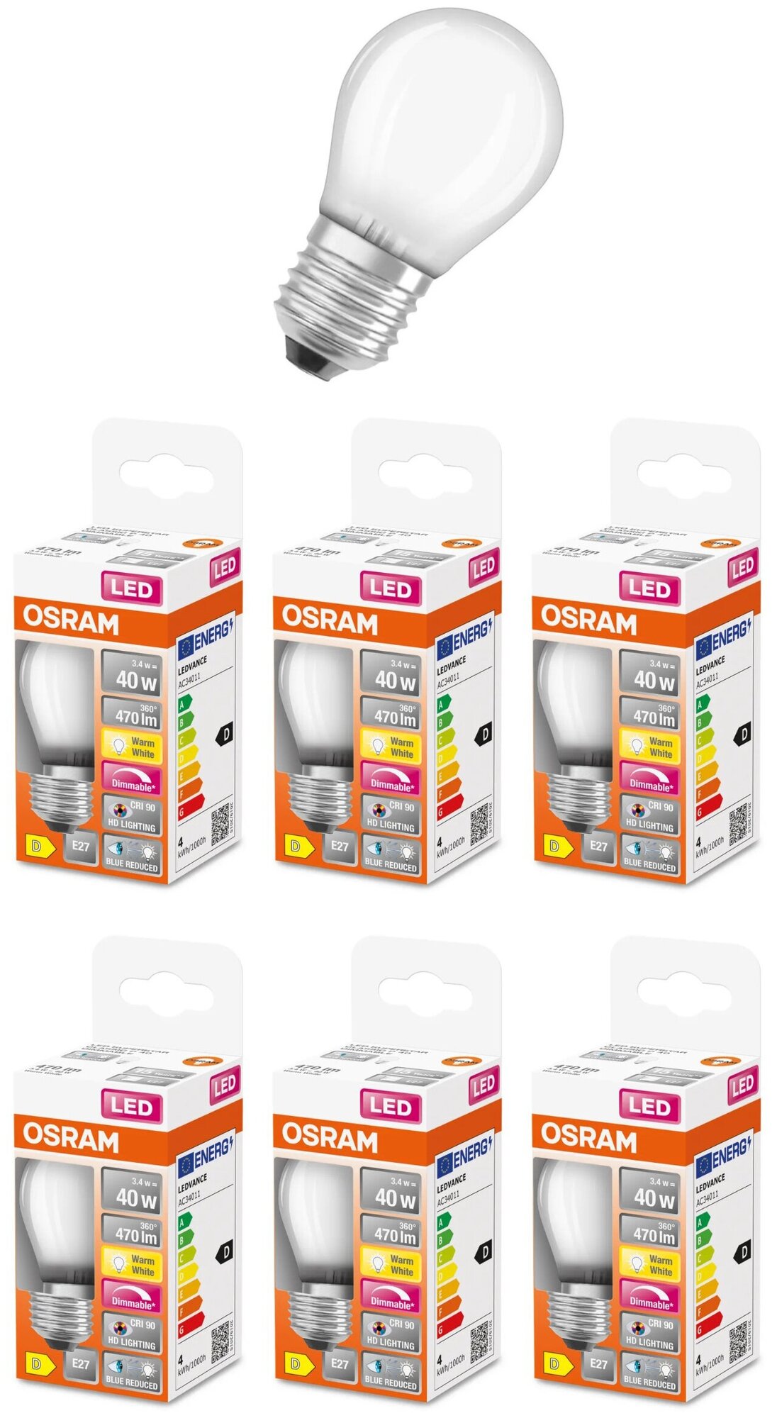 Лампочка светодиодная Osram 3.4W=40W 220V E27 Шарик матовый G45 470Лм Диммируемая Филаментная 2700K, упаковка 6шт