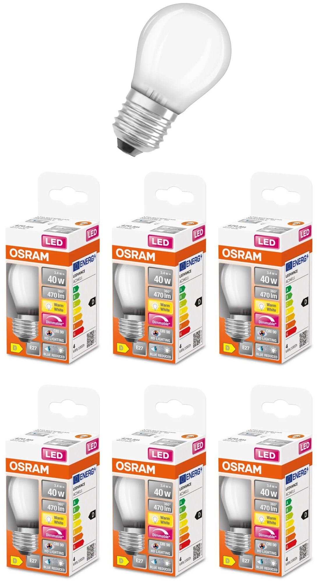 Лампочка светодиодная Osram 3.4W=40W 220V E27 Шарик матовый G45 470Лм Диммируемая Филаментная 2700K упаковка 6шт