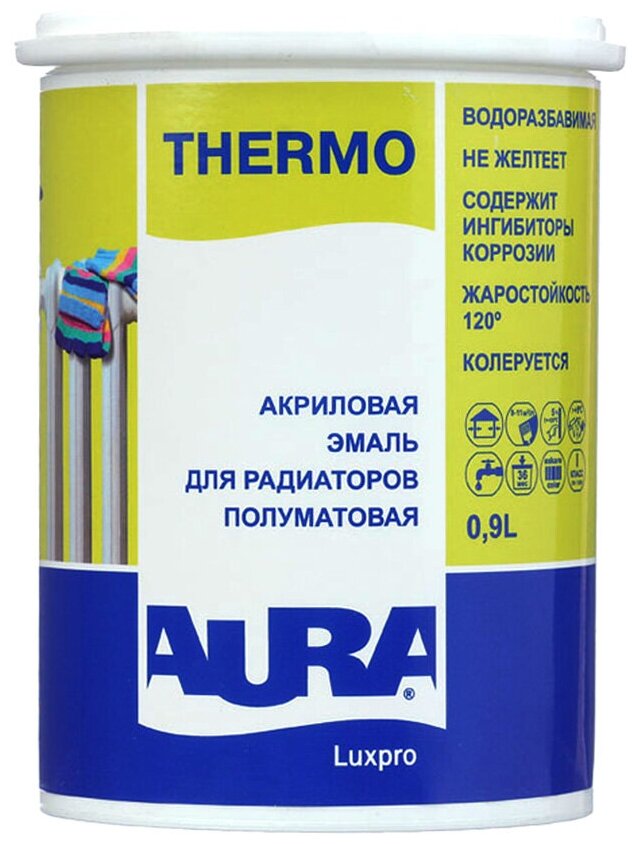 фото Эмаль Aura Luxpro Thermo, акриловая, полуматовая, для радиаторов, 0.9л, Аура Термо