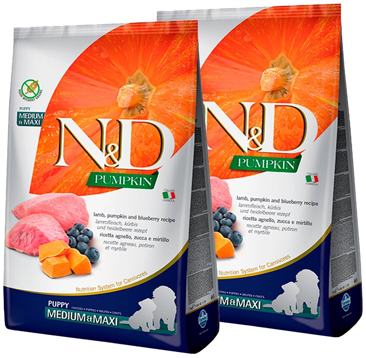 FARMINA DOG N&D GRAIN FREE PUMPKIN PUPPY MEDIUM & MAXI LAMB & BLUEBERRY беззерновой для щенков с ягненком, черникой и тыквой (12 + 12 кг)