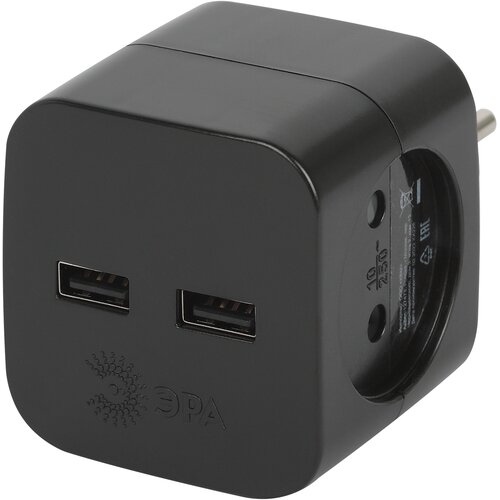 Разветвитель электрический SP-2-USB-B на 2 розетки 220В+ 2xUSB 2400мА без заземл 10А черн. Эра Б0049535