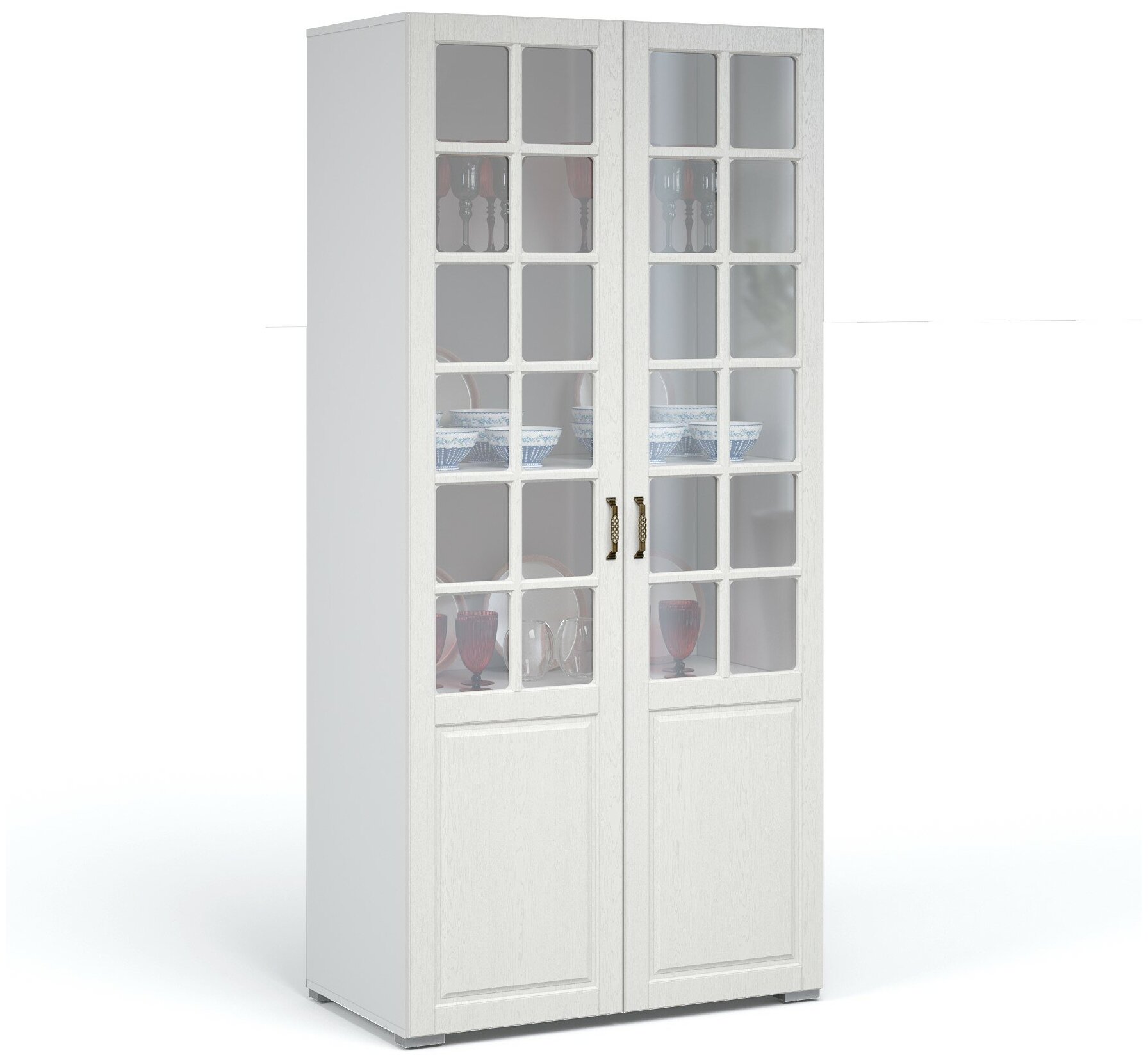 фото Шкаф для посуды 1 м со стеклянными витринами белое дерево Лацио МДФ для книг, двухдверный