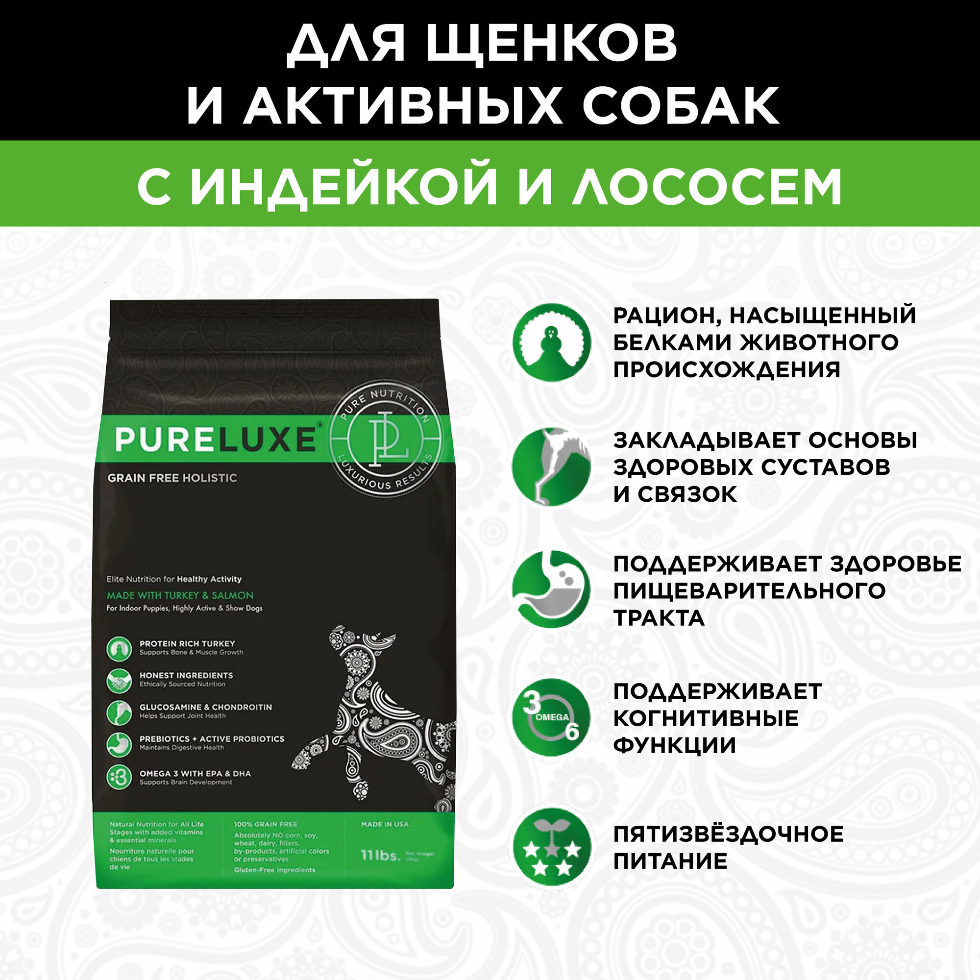 "Pureluxe Healthy Activity с индейкой и лососем" сухой корм для активных собак 9,98кг