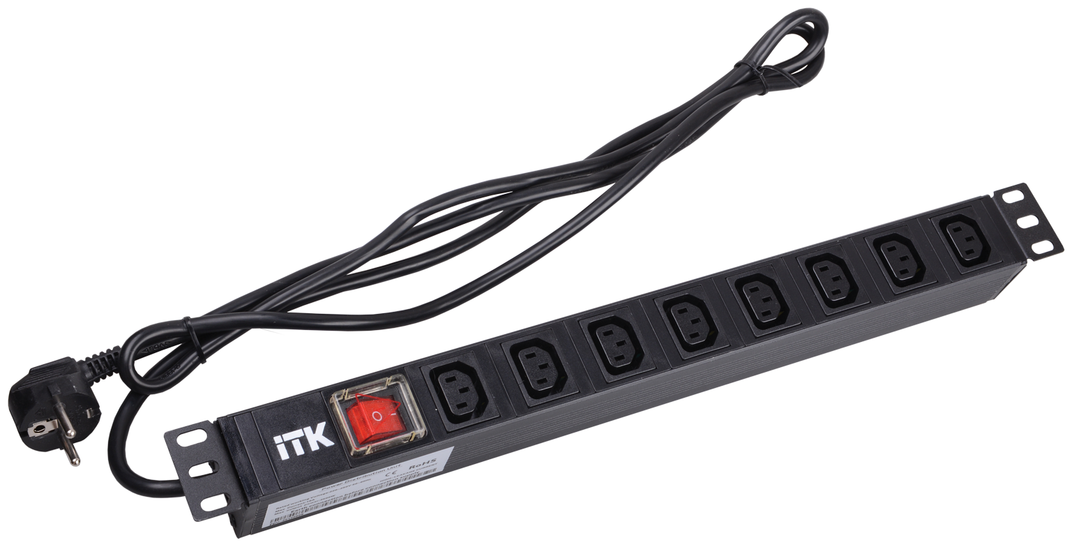 PH12-8C131 ITK PDU Блок: 8 розеток C13 с LED выкл.,1U, шнур 2м, вилка, немецкий стандарт IEK - фото №1