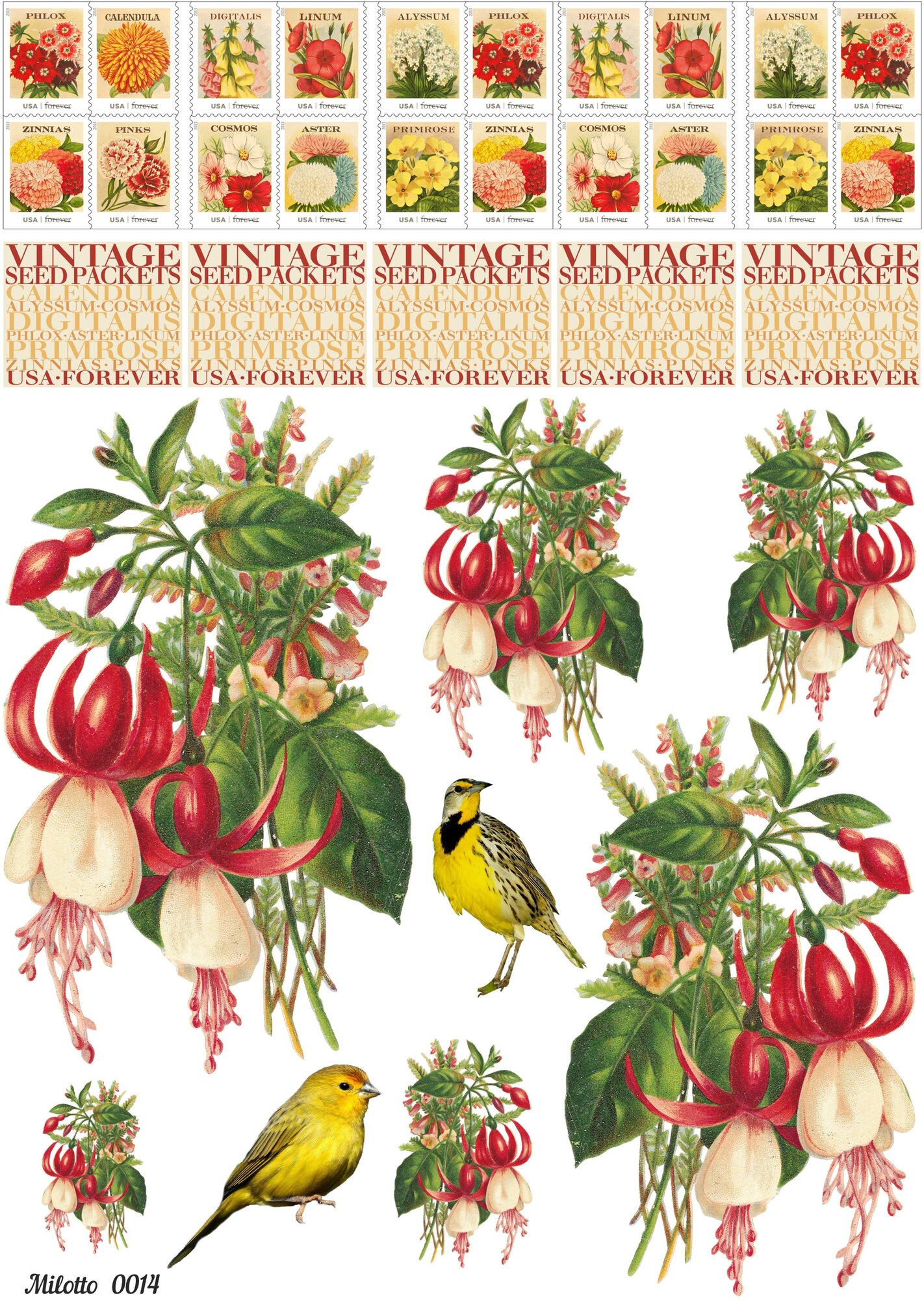 Декупажная карта А4 рисовая салфетка 0014 цветы птицы открытки марки винтаж крафт DIY Milotto