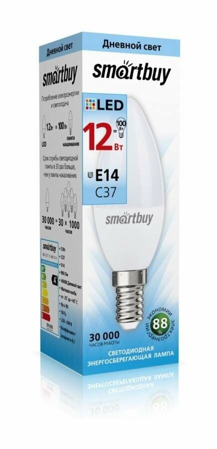 Smartbuy свеча C37 E14 12W(960lm) 4000К 4К 37х115 матовая пластик SBL-C37-12-40K-E14 (арт. 781474)