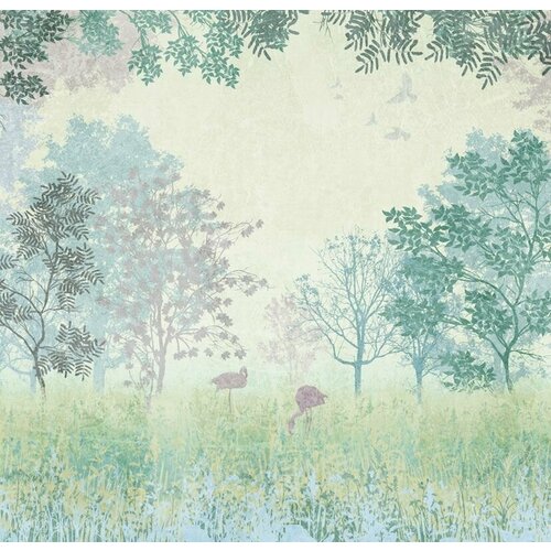 Моющиеся виниловые фотообои Фламинго в лесу стилизованный рисунок, 250х240 см