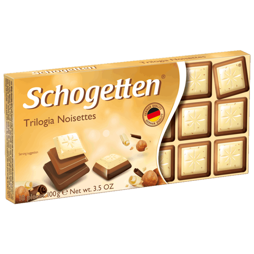Шоколад Schogetten Trilogia Noisettes белый с грильяжем и фундуком+молочный с джандуей+молочный порционный, 100 г