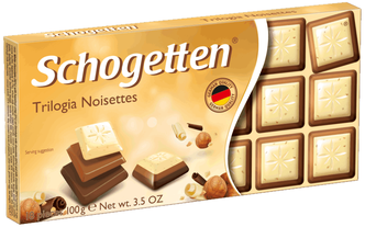Шоколад Schogetten Trilogia Noisettes белый с грильяжем и фундуком+молочный с джандуей+молочный порционный, 100 г