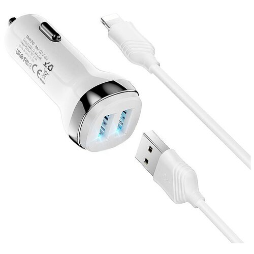 АЗУ, 2 USB 2.4A (Z40), usb cable lightning, HOCO, белый автомобильное зарядное устройство hoco z40 superior кабель lightning черный