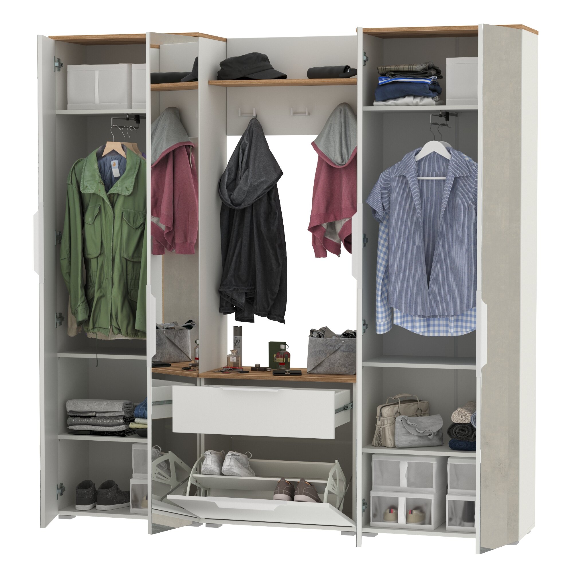 Два шкафа для одежды с зеркалами и обувницей с вешалкой Моби Октава белый/дуб золотой, 193,7х35,4х197,6 см