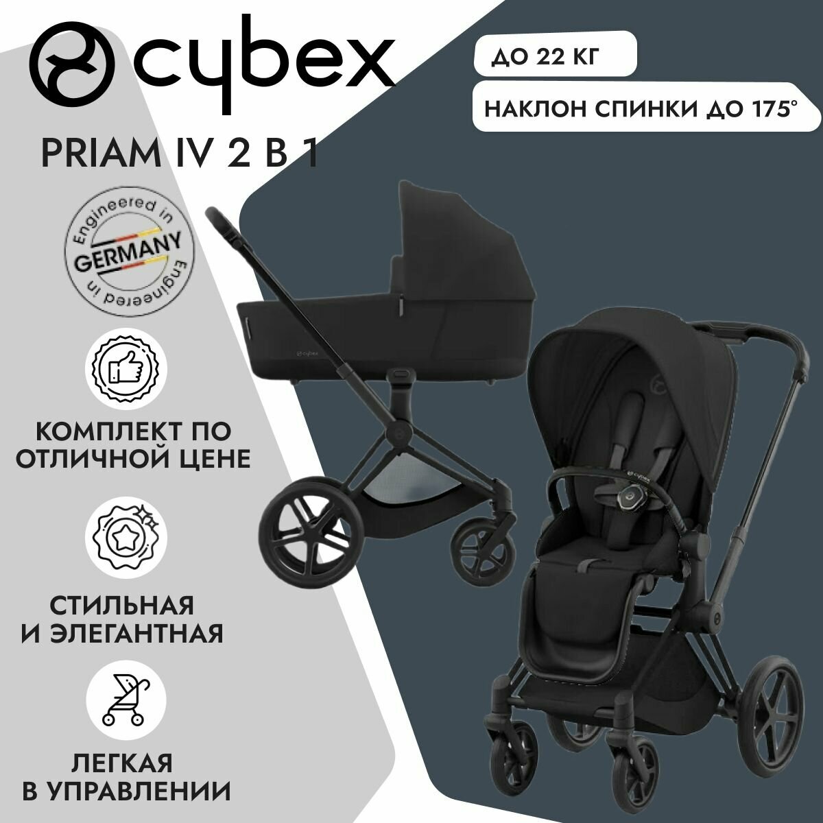Детская коляска Cybex Priam IV 2-в-1 Sepia Black на шасси IV Matt black
