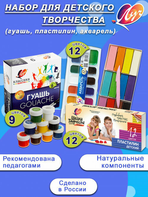 Классика Комплект для детского творчества: акварель 12 цв, гуашь 9 цв, пластилин 12 цв.