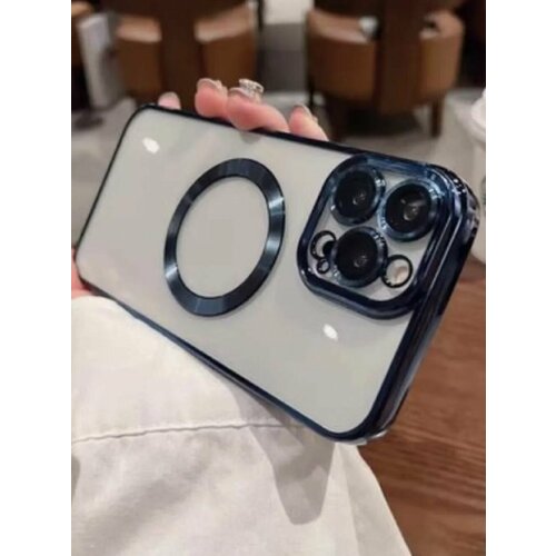 Магнитный чехол на iPhone 15 pro Magsafe с защитой камеры синий силиконовый чехол на apple iphone 15 pro айфон 15 про розовые пионы