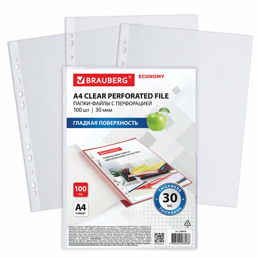 Папки-файлы перфорированные А4 BRAUBERG ECONOMY, комплект 100 шт, гладкие, 30 мкм, 229659 упаковка 10 шт.