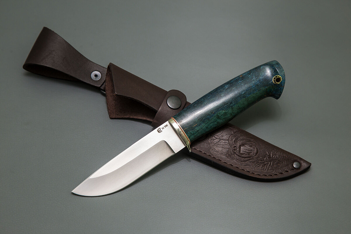Нож из стали М390 «Егерь», рукоять литье мельхиор, стабилизированная карельская береза - Кузница Сёмина