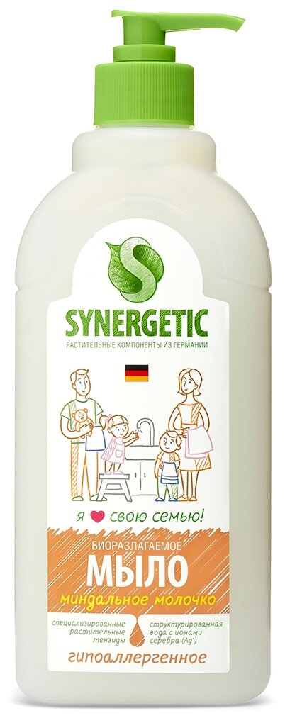 Мыло жидкое Synergetic "Миндальное молочко", гипоаллергенное, увлажняющее, 500 мл