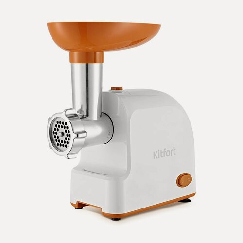 Изображение товара Мясорубка Kitfort КТ-2113-1 бело-оранжевая, 1000 Вт, реверс, 2 решетки для фарша, 2 насадки для колбас и кеббе
