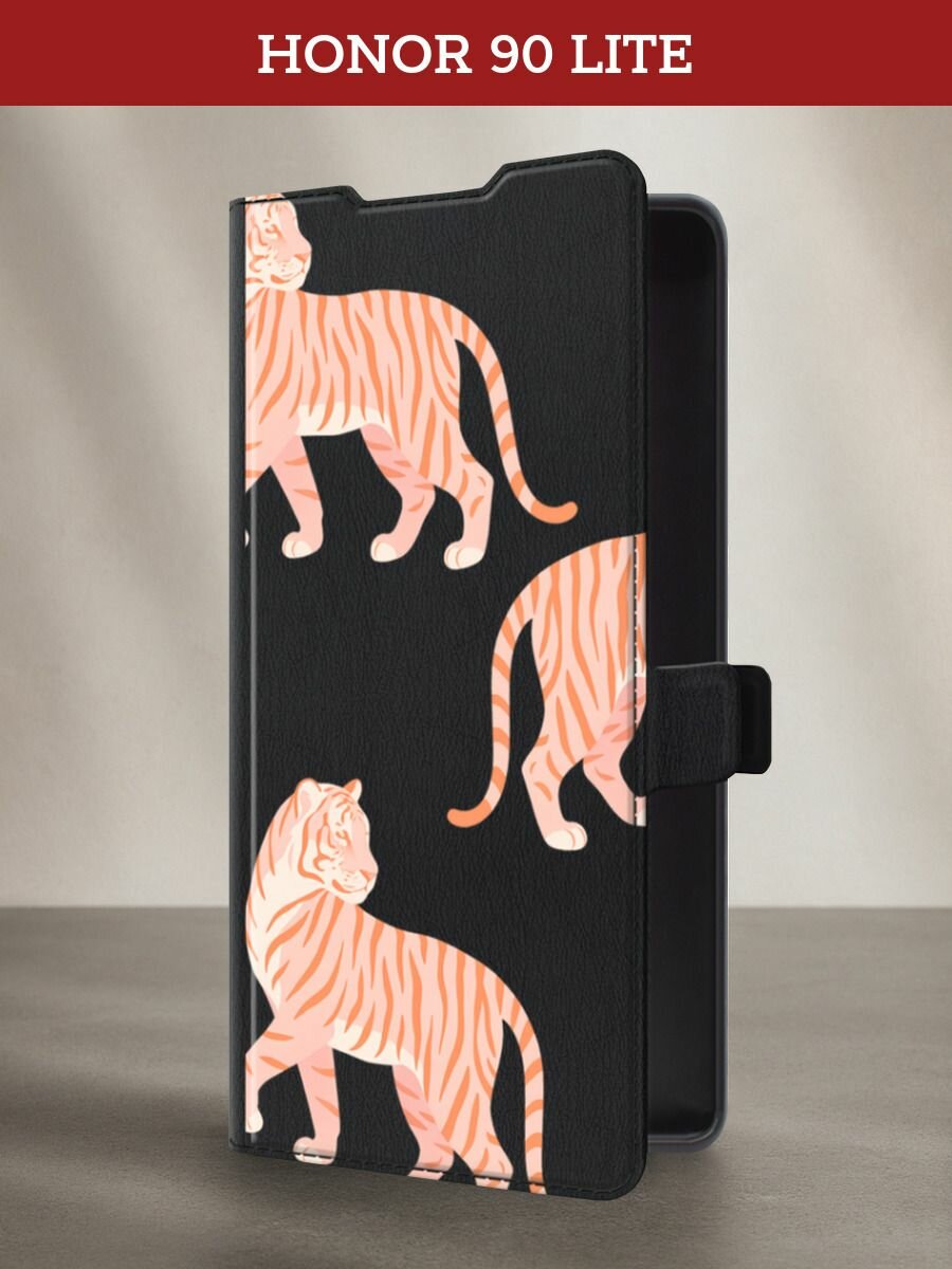 Чехол-книжка на Honor 90 Lite / Хонор 90 Лайт с принтом Три тигра 2, черный