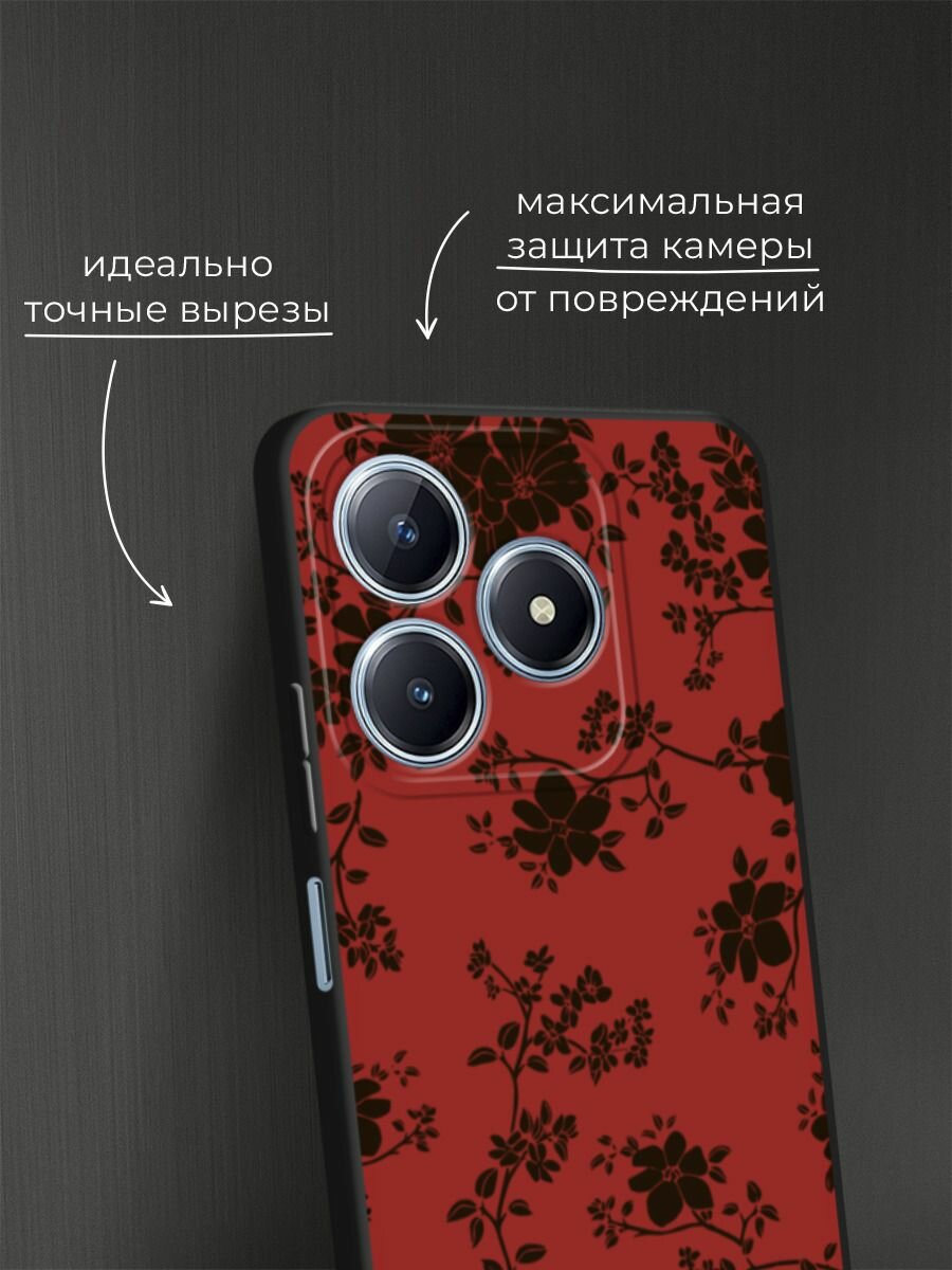 Черный матовый чехол на Realme C63 / Реалми С63 с принтом Черные цветы на красном — фото 1