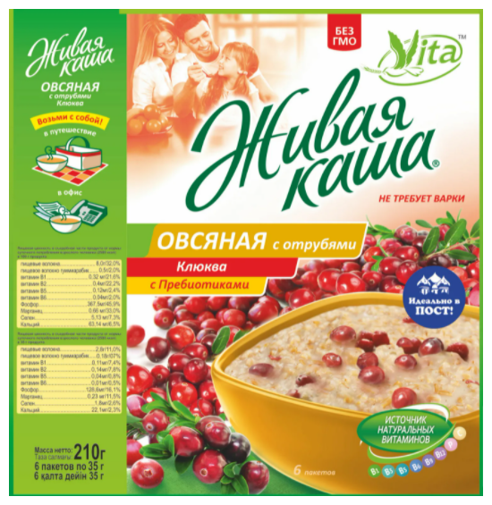 Vita живая каша овсяная с отрубями и клюквой 210 г, 6 пак * 35 г