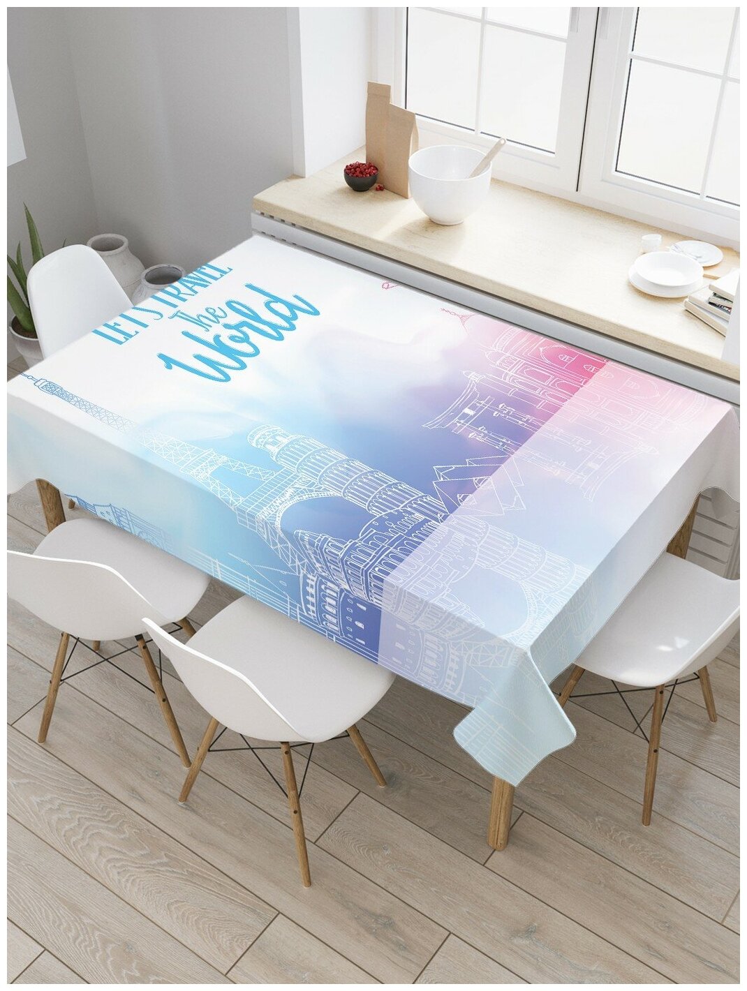 Скатерть прямоугольная JoyArty на кухонный стол "Путешествие по миру" из оксфорда, 120x145 см