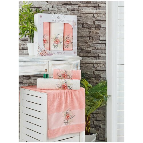 фото Подарочный набор полотенец для ванной 50х90(2), 70х140(1) merzuka bloom хлопковая махра оранжевый merzuka (турция)