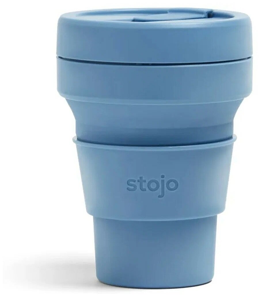 Многоразовый складной стакан STOJO с крышкой для кофе с собой из пищевого силикона 355 мл, цвет Steel