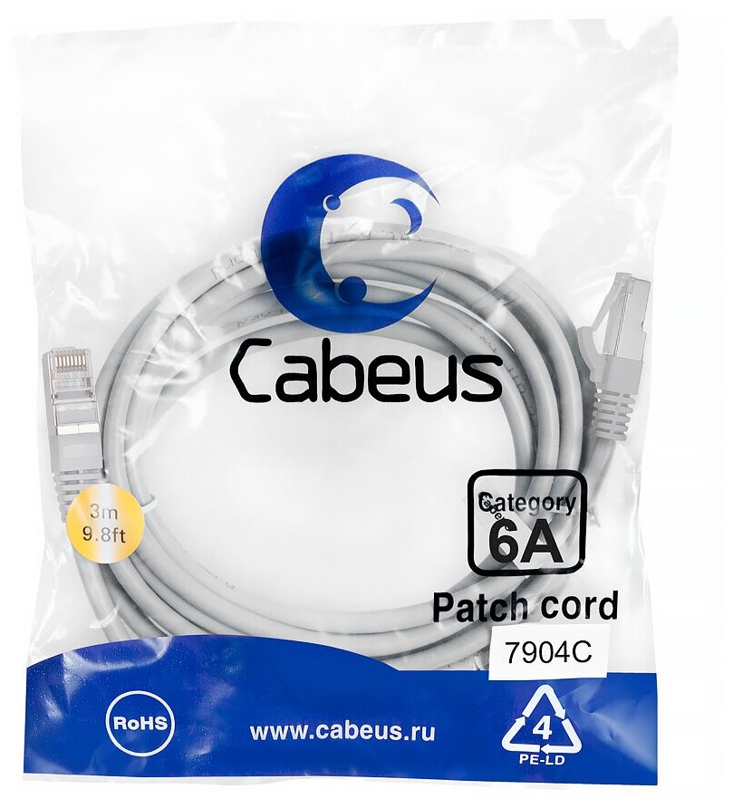 Cabeus Патч-корд S/FTP, категория 6а (10G), 2xRJ45/8p8c, экранированный, серый, LSZH, 3м PC-SSTP-RJ45-Cat.6a-3m-LSZH