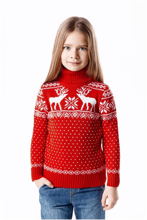 Свитер детский с оленями, новогодний, шерстяной, норвежский рисунок, высокая горловина, двухсторонний, жаккардовый, размер 150