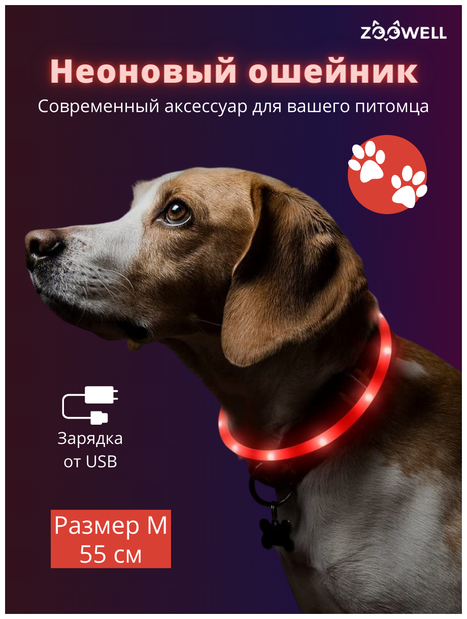 Ошейник для собак/ светящийся ошейник/ собачий ошейник LED 55 см красный , ZOOWELL - фотография № 2