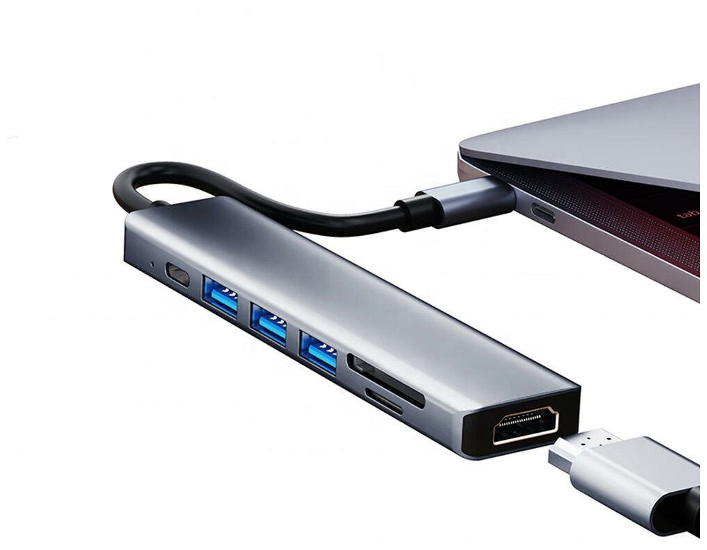 Хаб USB-концентратор (адаптер, переходник) Aluminum Type-C 7 в 1 (Grey)