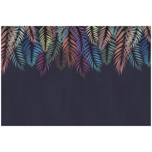 Фотообои Уютная стена Яркие переливы пальмовых листьев на темном фоне 410х270 см Виниловые Бесшовные (единым полотном)