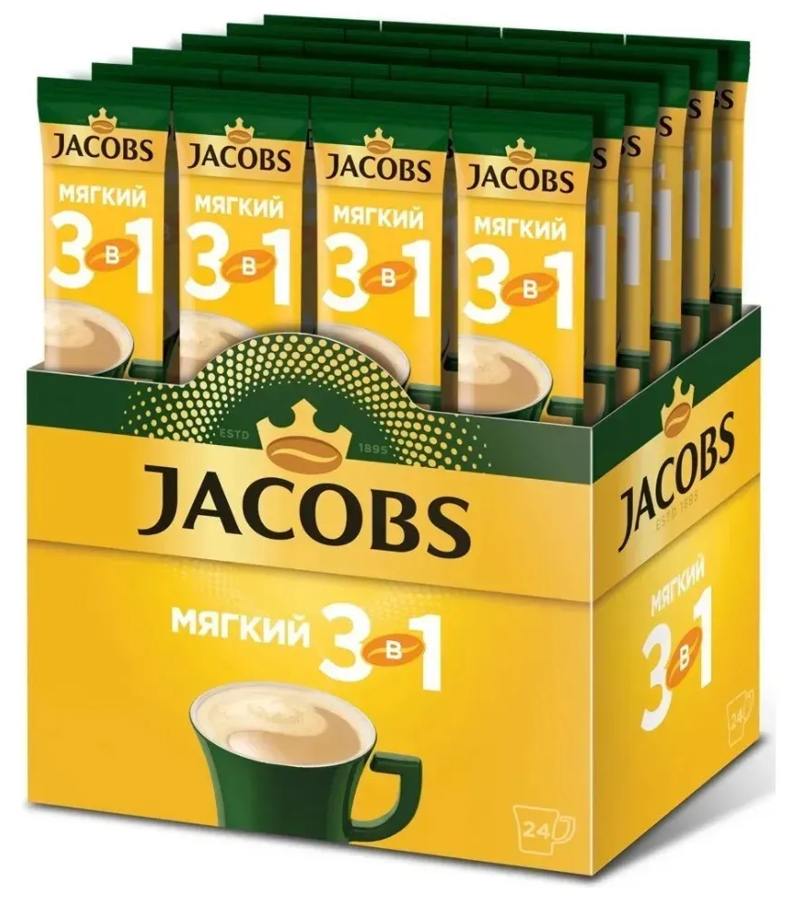 Растворимый кофе Jacobs 3 в 1 Мягкий, в стиках, 24 уп, 288 г