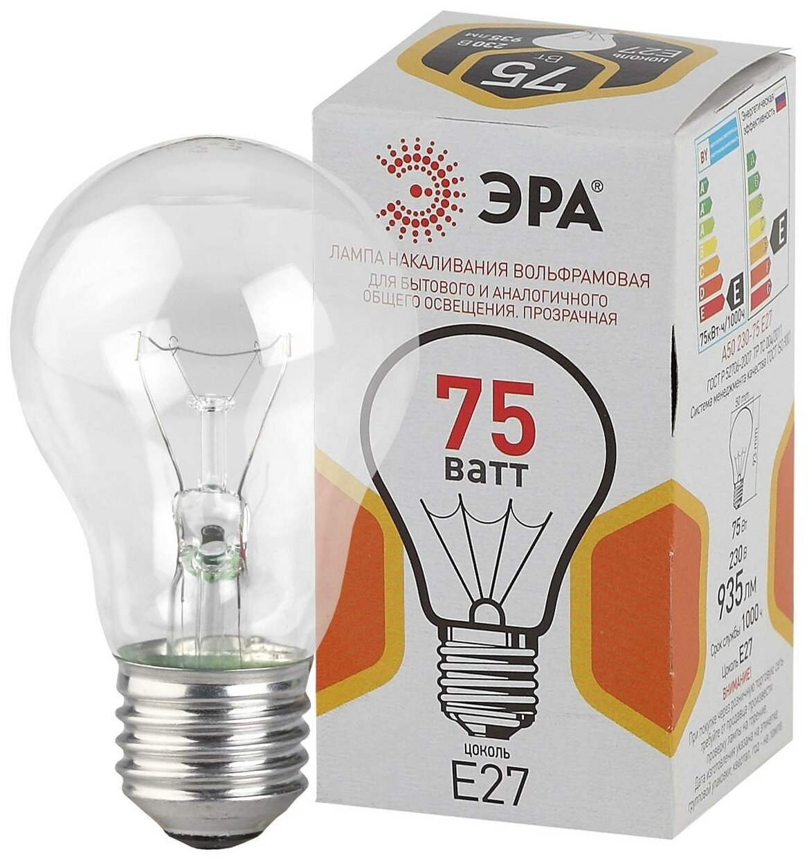 Типы/Лампочки/Накаливания ЭРА Лампа накаливания ЭРА E27 75W 2700K прозрачная A50 75-230-Е27-CL Б0039123