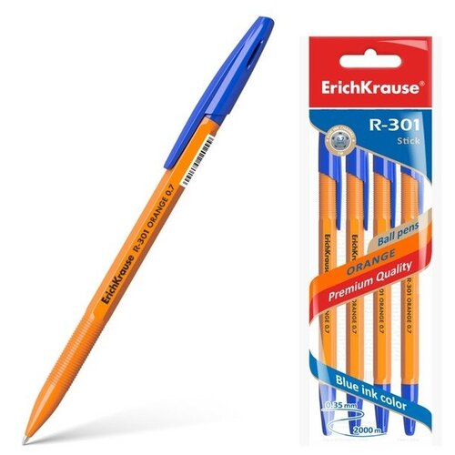 Набор ручек шариковых 4 штуки ErichKrause R-301 orange, узел 0.7 мм, чернила синие, длина линии письма 2000 метров, европодвес набор ручек шариковых 3 штуки r 301 orange stick